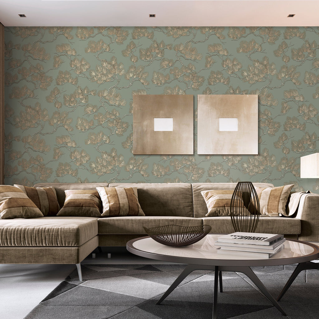 Embroidered Pine Tree Wallpaper - Sage room view