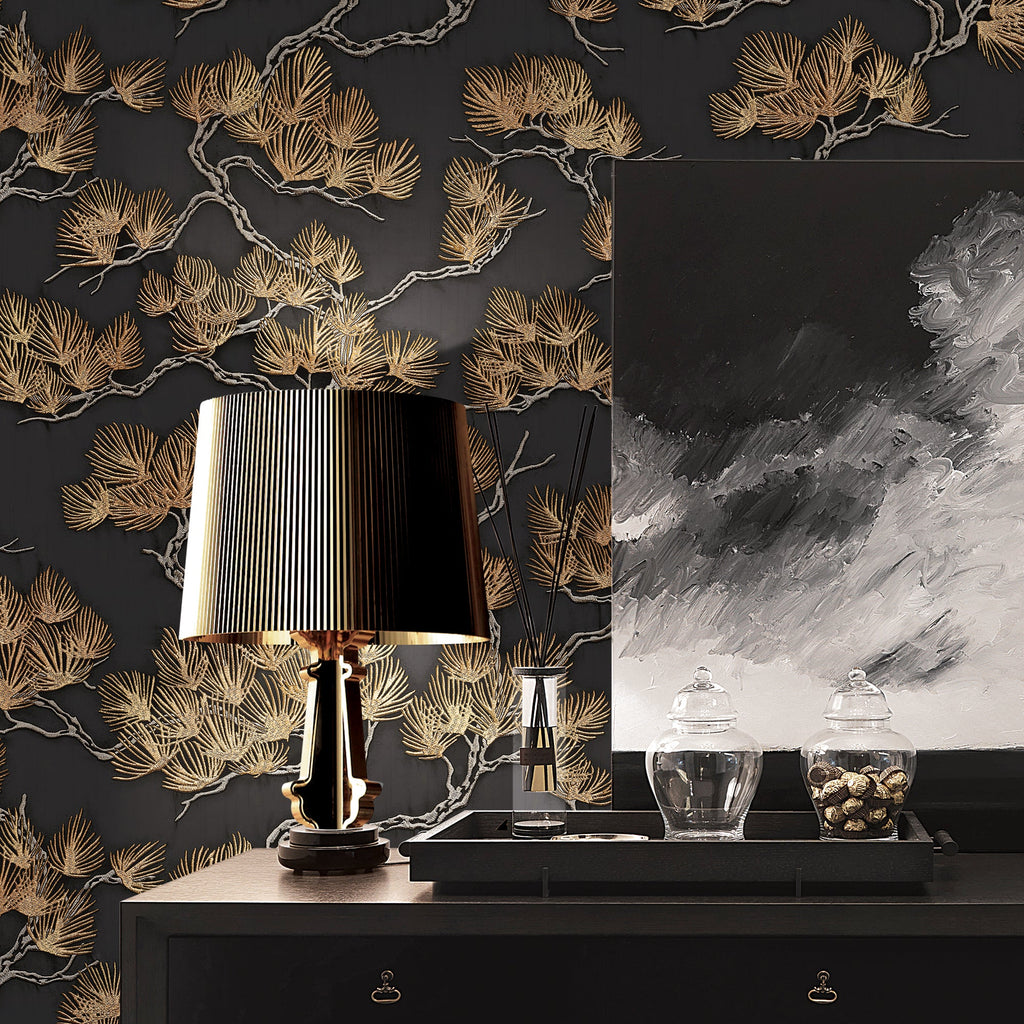 Embroidered Pine Tree Wallpaper - Black room view