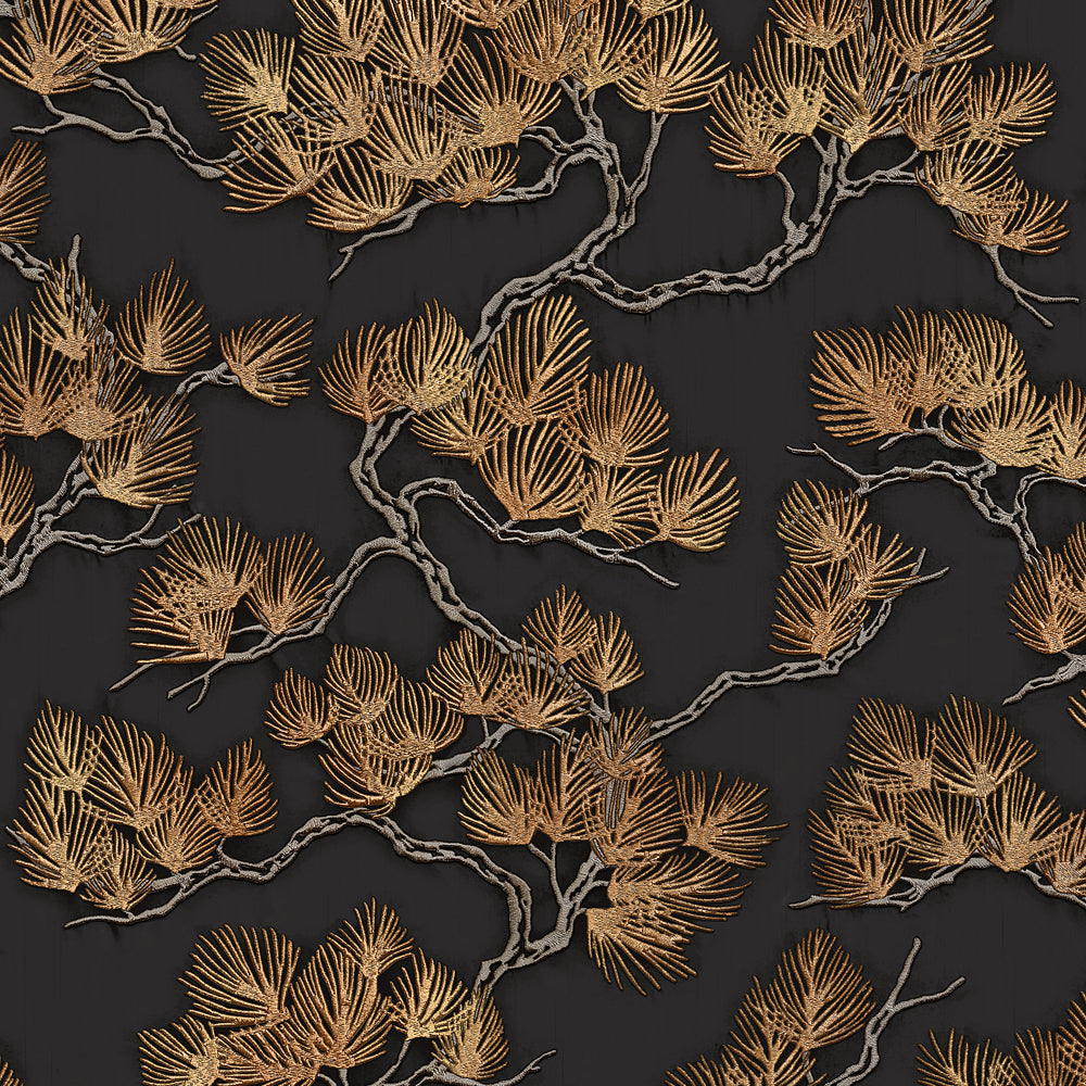 Embroidered Pine Tree Wallpaper - Black pattern