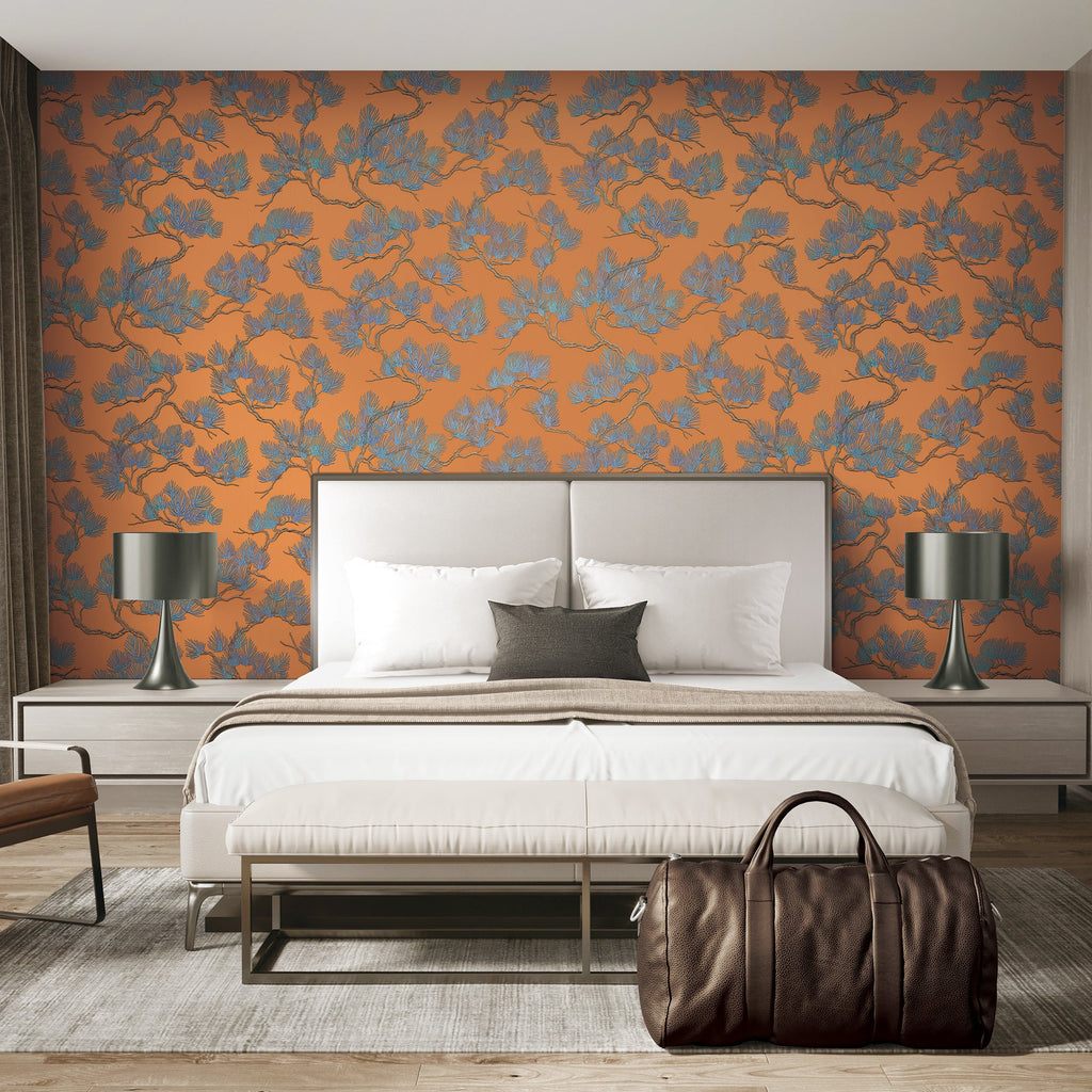 Embroidered Pine Tree Wallpaper - Orange room view