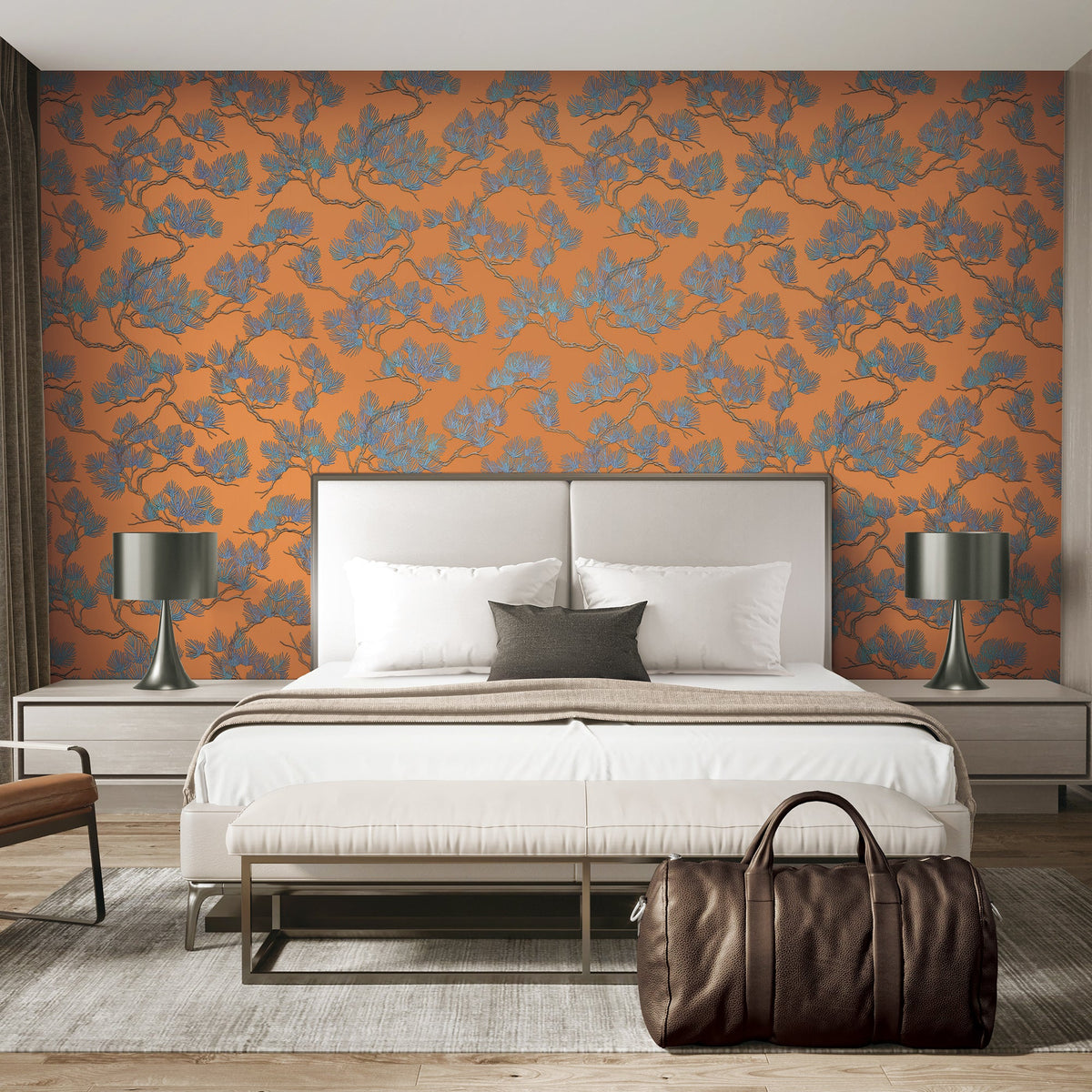 Embroidered Pine Tree Wallpaper - Orange room view