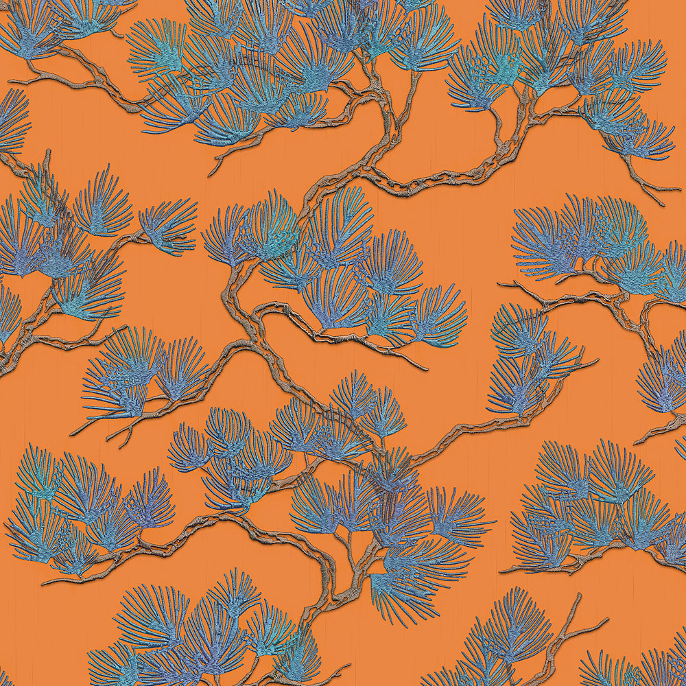 Embroidered Pine Tree Wallpaper - Orange pattern