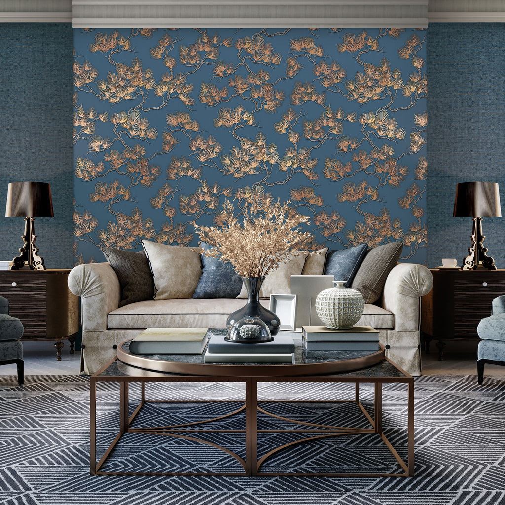 Embroidered Pine Tree Wallpaper - Blue room view