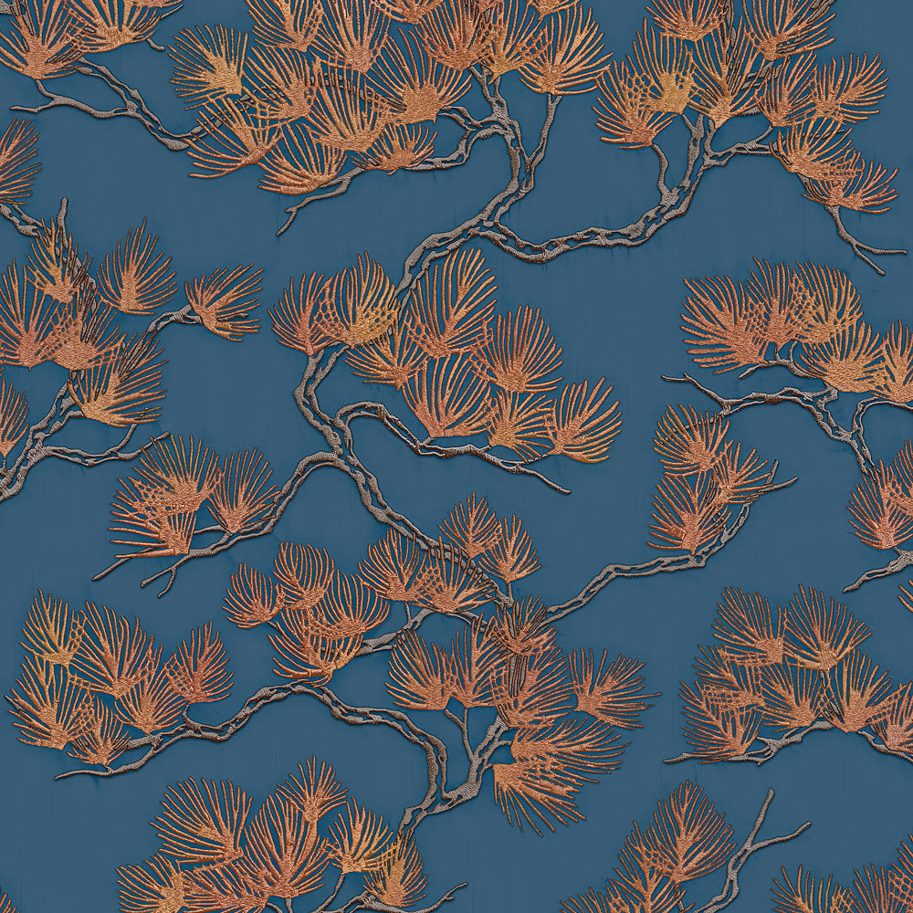 Embroidered Pine Tree Wallpaper - Blue pattern