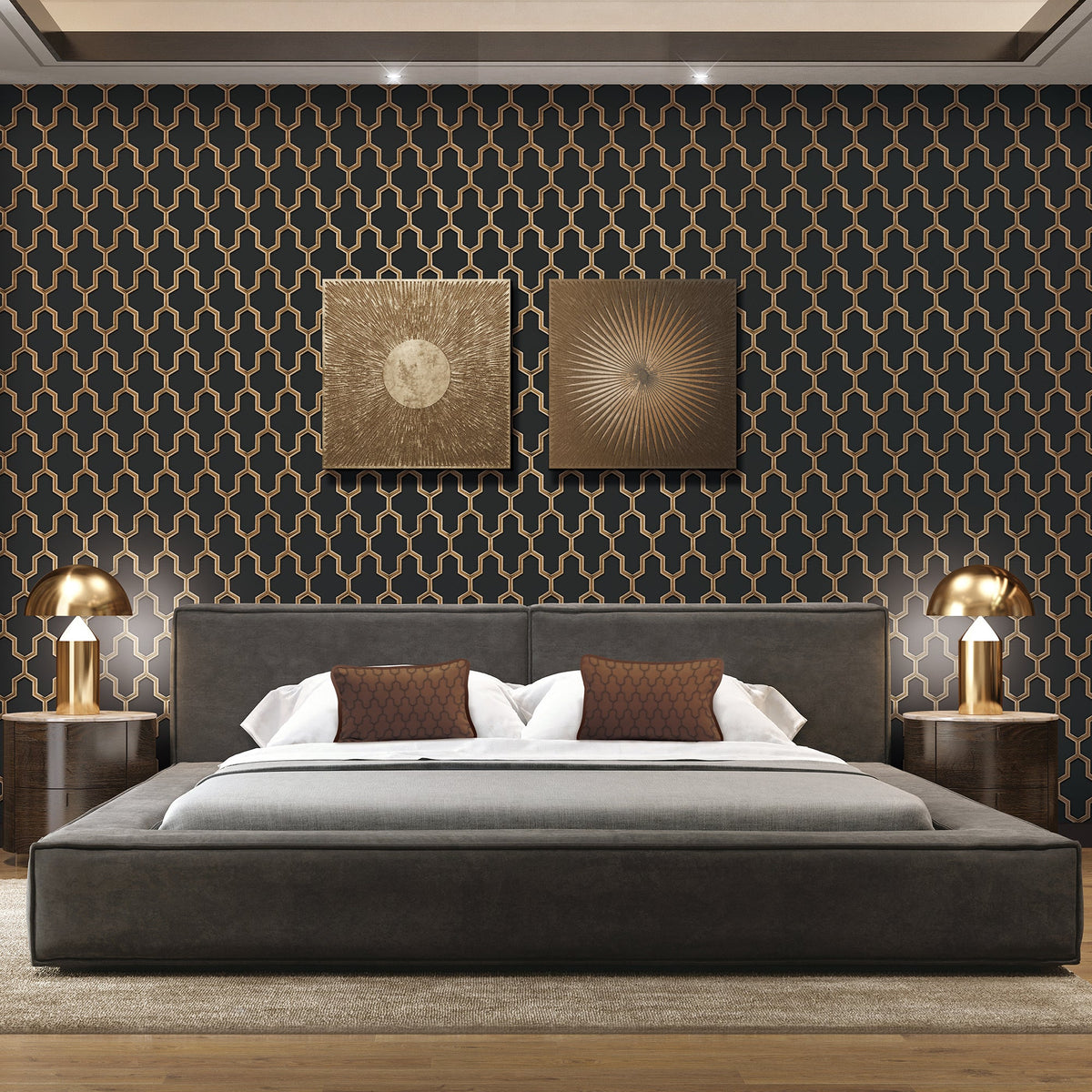 Geometric Silk Wallpaper - Black room view
