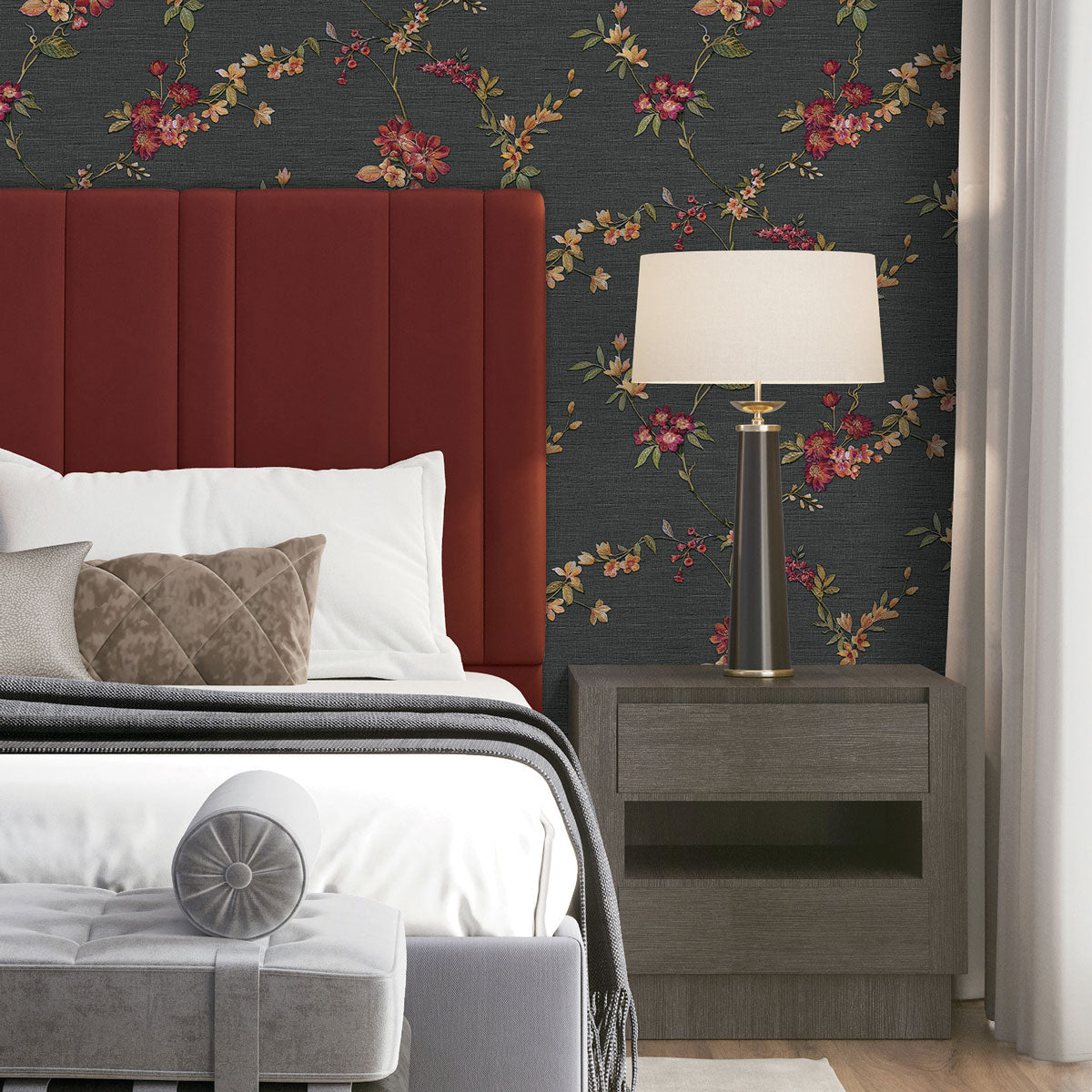 Flower Trail Tapestry Wallpaper - Black room view