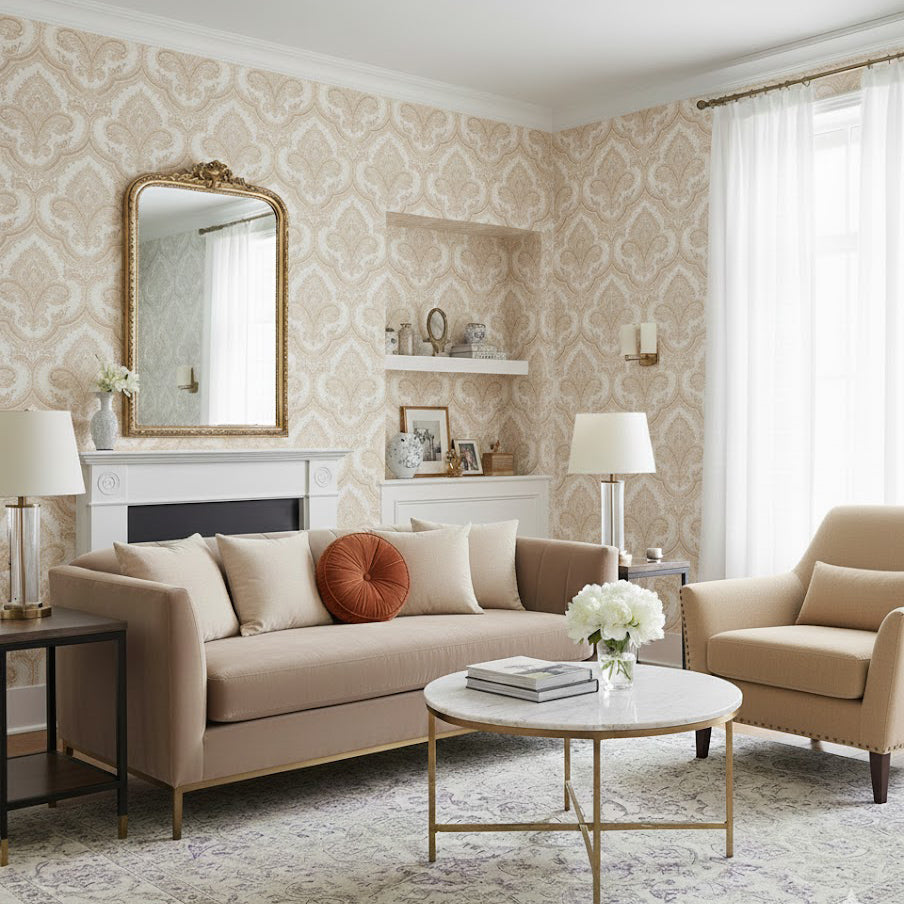 Traditional Damask Wallpaper - Taupe room view