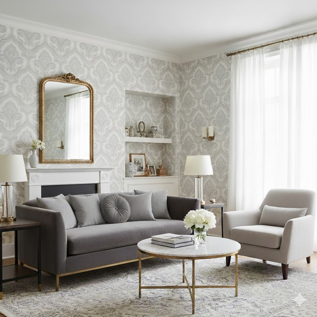 Traditional Damask Wallpaper - Gray room view
