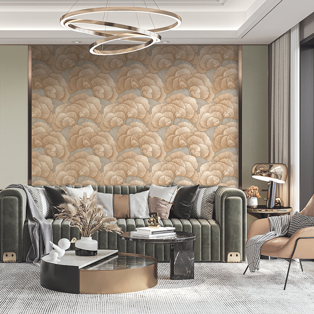 Embroidered Ginkgo Wallpaper - Taupe room view