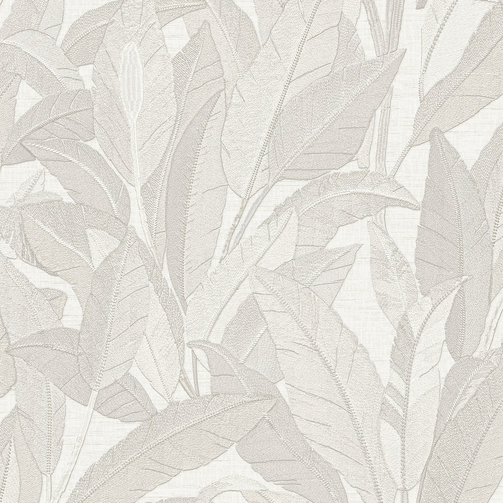 Embroidered Tropical Foliage Wallpaper - White pattern