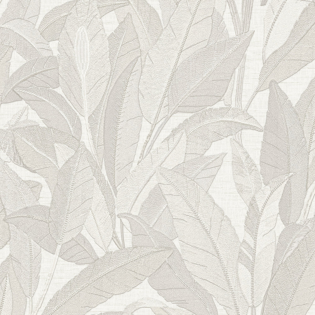 Embroidered Tropical Foliage Wallpaper - White pattern