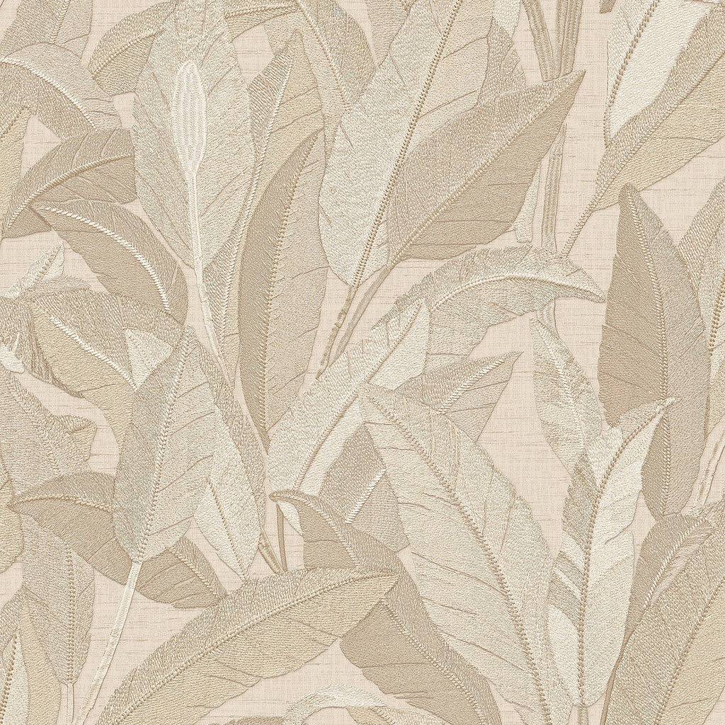 Embroidered Tropical Foliage Wallpaper - Beige pattern