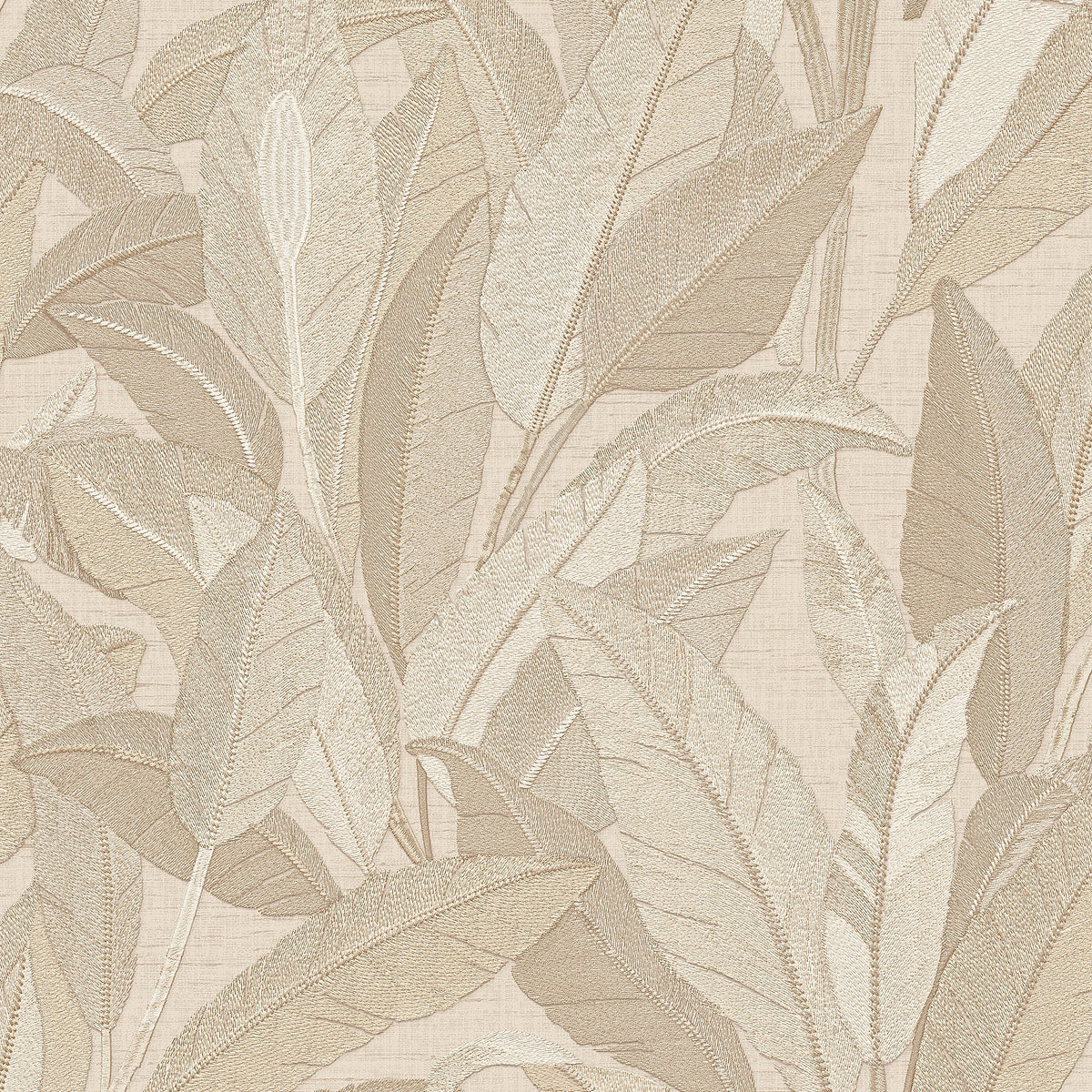 Embroidered Tropical Foliage Wallpaper - Beige pattern