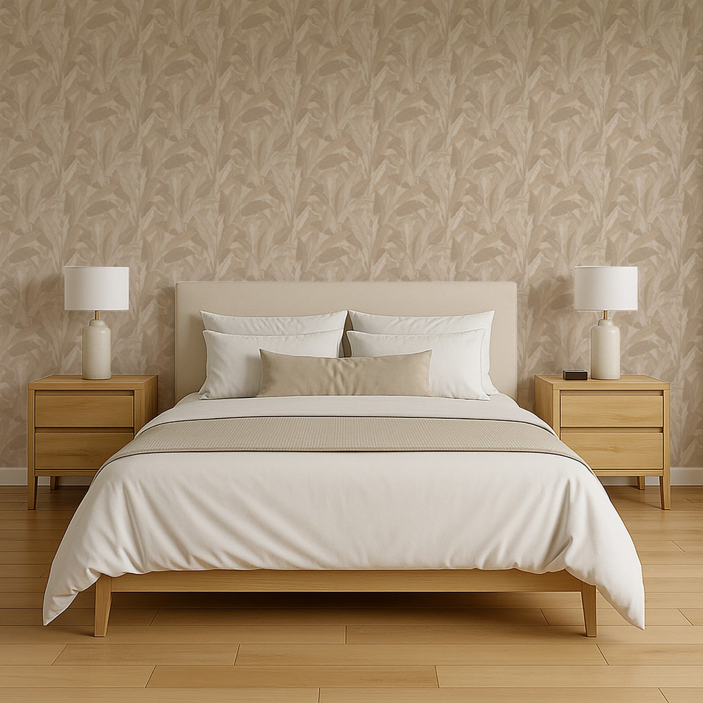 Embroidered Tropical Foliage Wallpaper - Beige room view