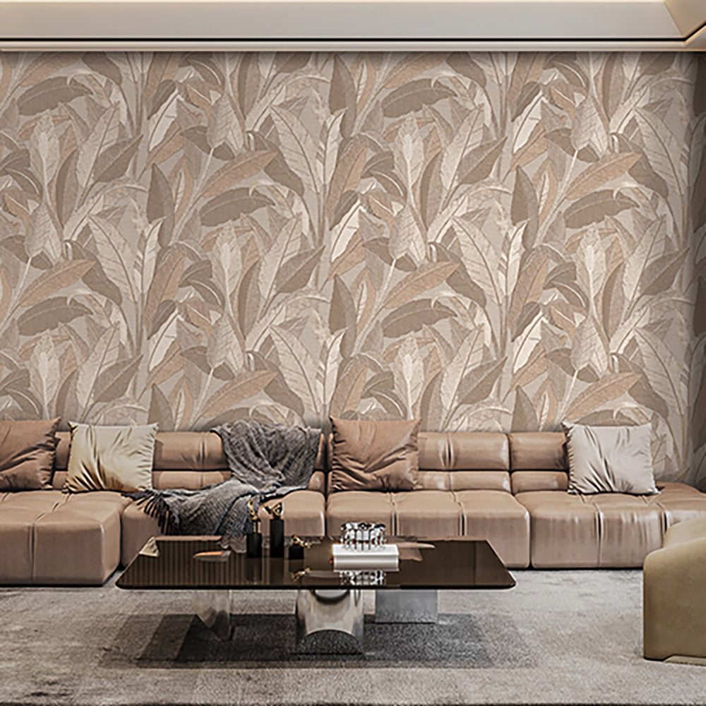 Embroidered Tropical Foliage Wallpaper - Taupe room view