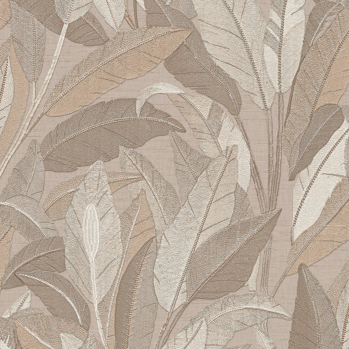 Embroidered Tropical Foliage Wallpaper - Taupe pattern
