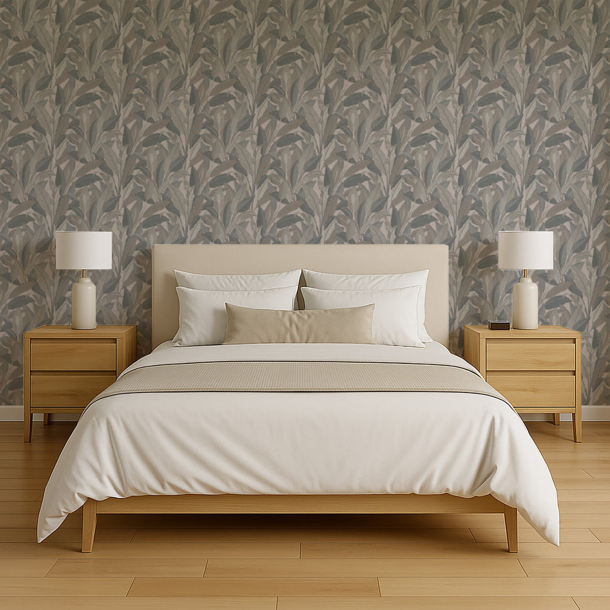 Embroidered Tropical Foliage Wallpaper - Gray room view