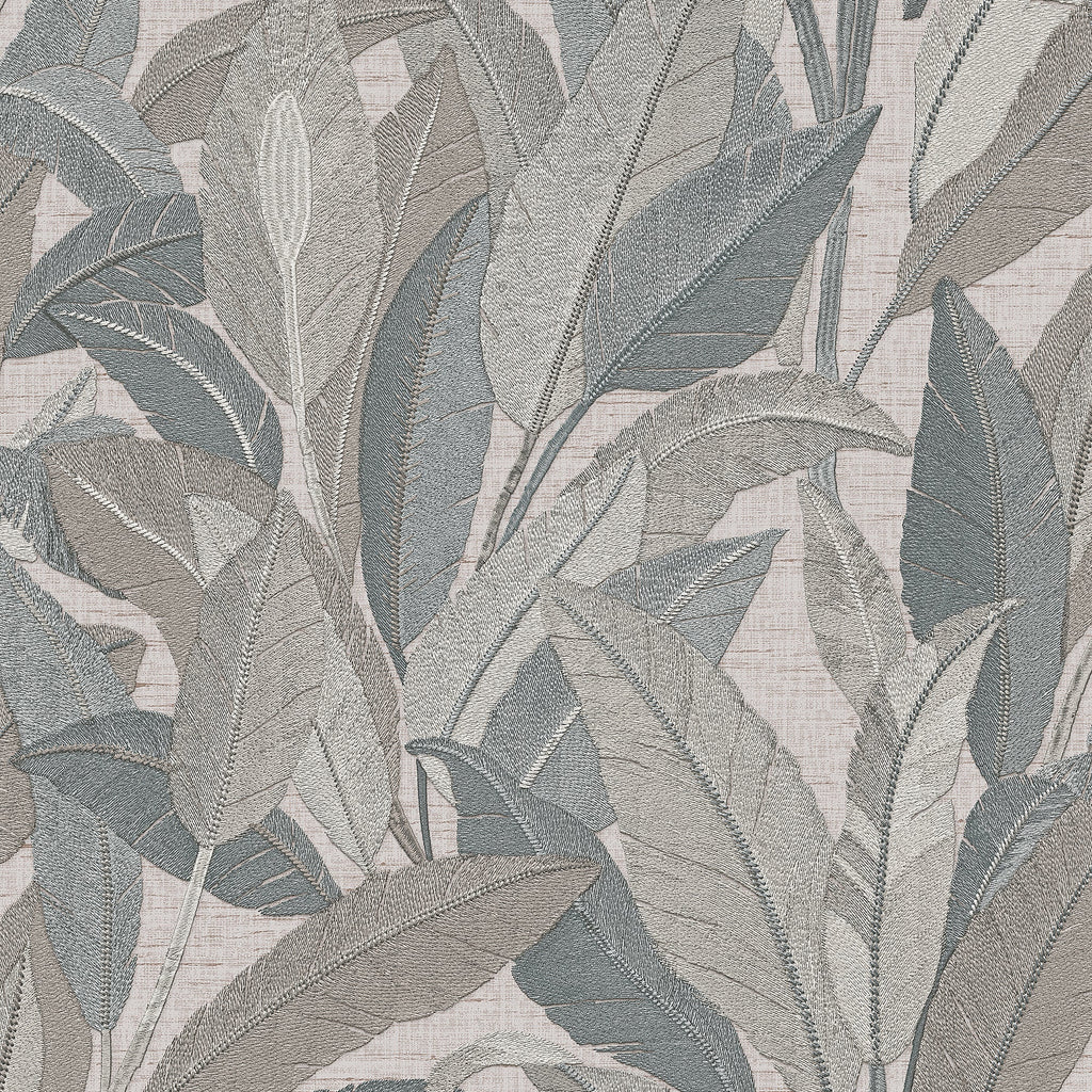Embroidered Tropical Foliage Wallpaper - Gray pattern