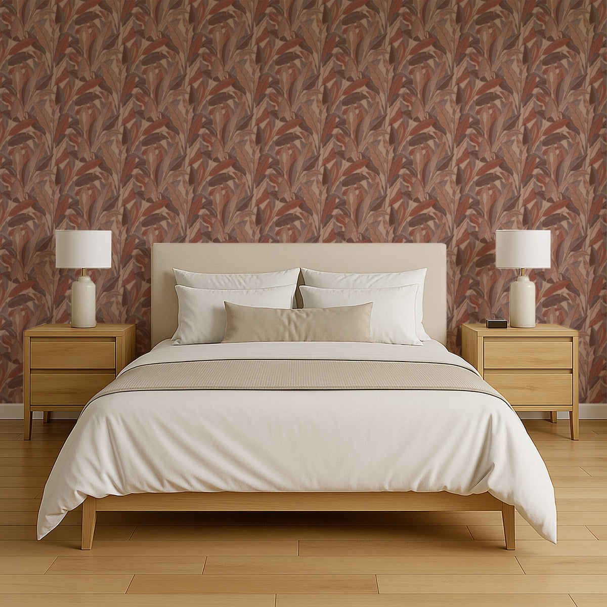 Embroidered Tropical Foliage Wallpaper - Bronze room view