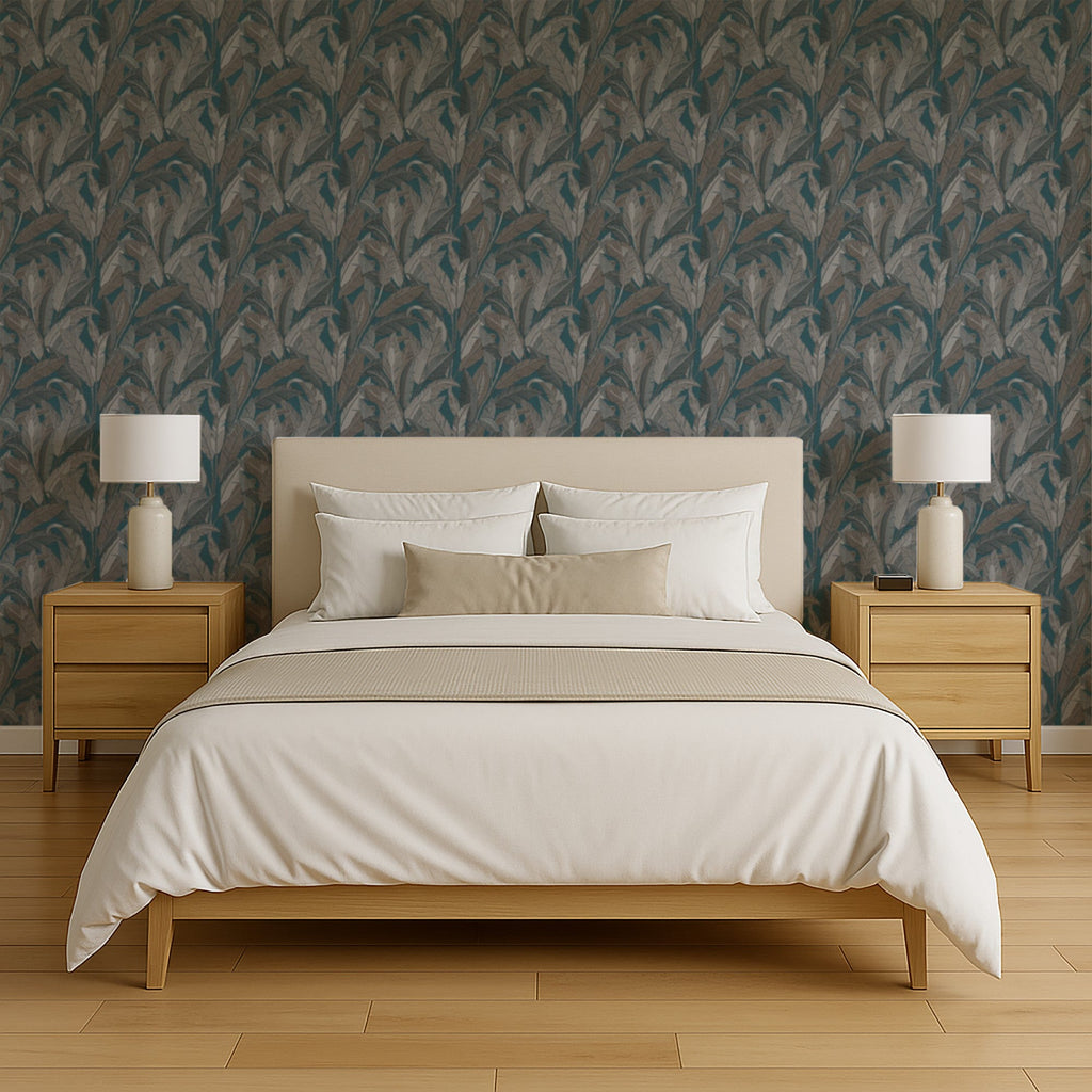 Embroidered Tropical Foliage Wallpaper - Blue room view