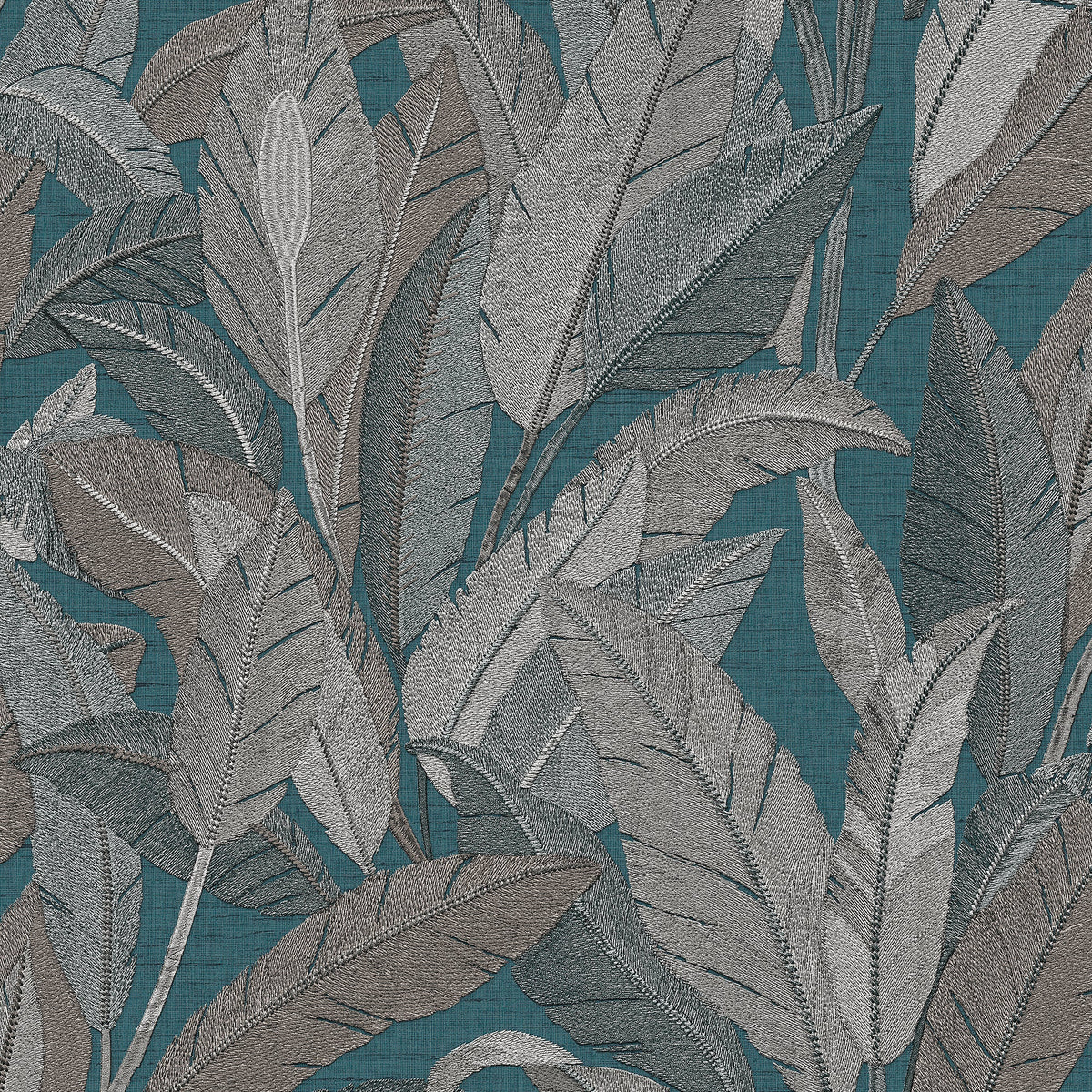 Embroidered Tropical Foliage Wallpaper - Blue pattern