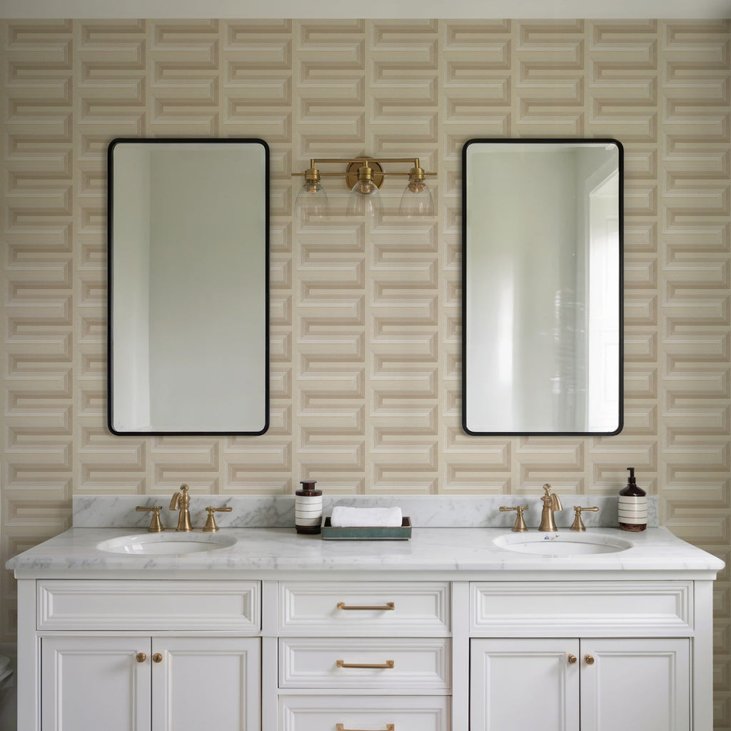 Embroidered Grecian Key Wallpaper - Beige room view