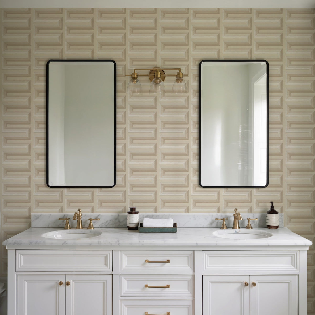 Embroidered Grecian Key Wallpaper - Beige room view