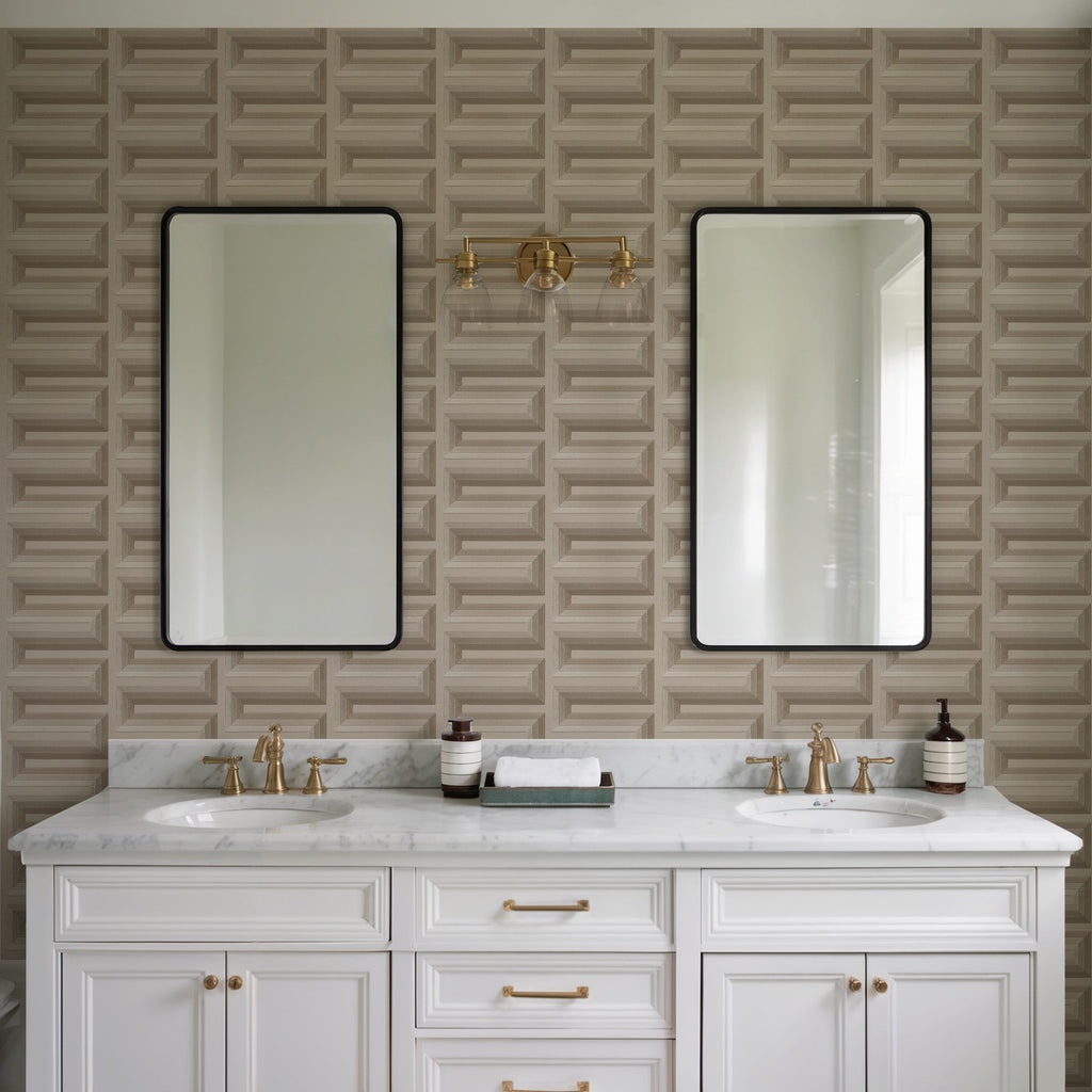 Embroidered Grecian Key Wallpaper - Taupe room view