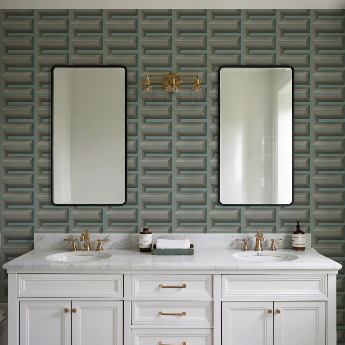 Embroidered Grecian Key Wallpaper - Green room view