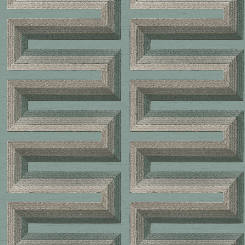 Embroidered Grecian Key Wallpaper - Green pattern