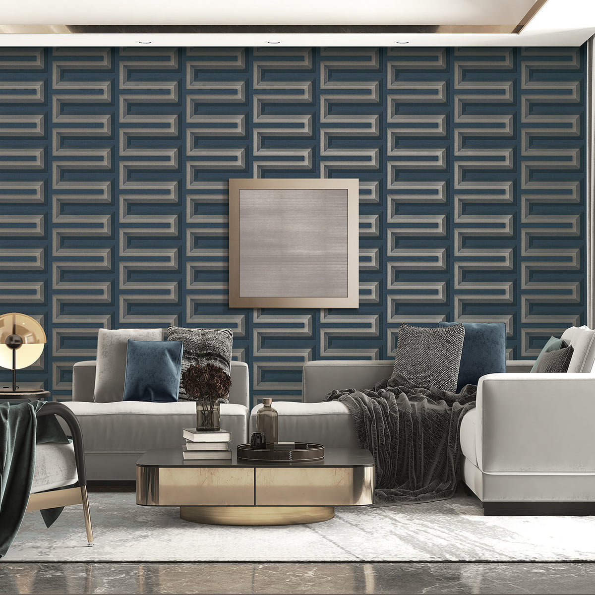 Embroidered Grecian Key Wallpaper - Blue room view