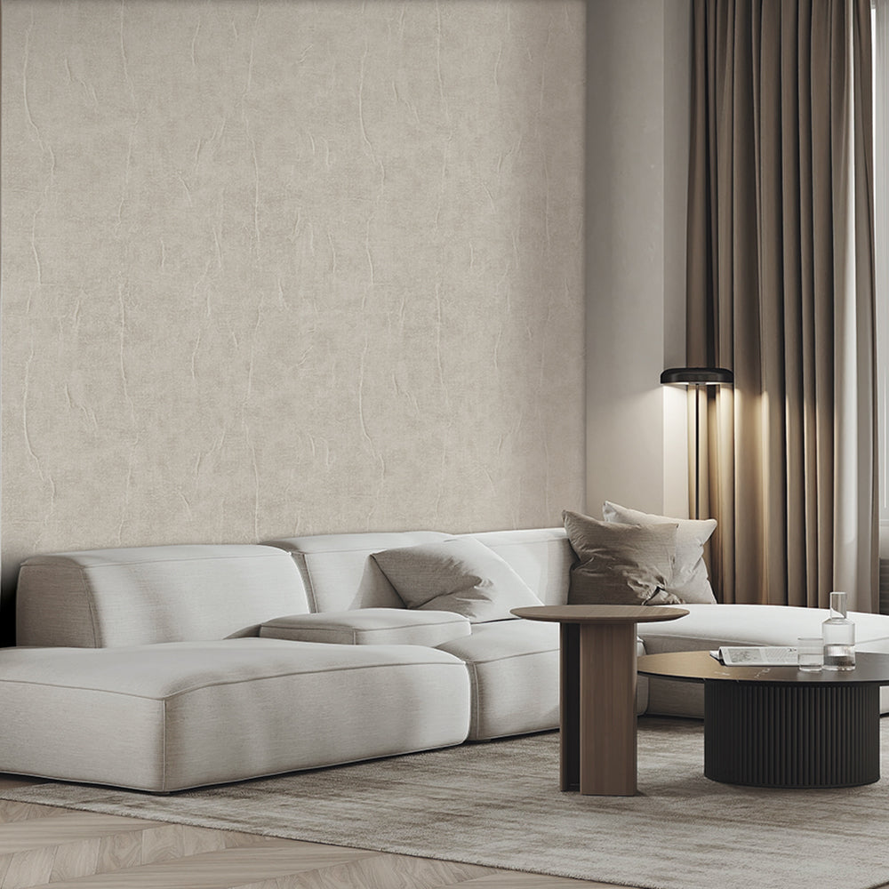 Crushed Linen Texture Wallpaper - Beige room view