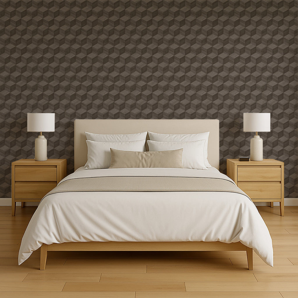 Woodgrain Grid Wallpaper - Gray room view