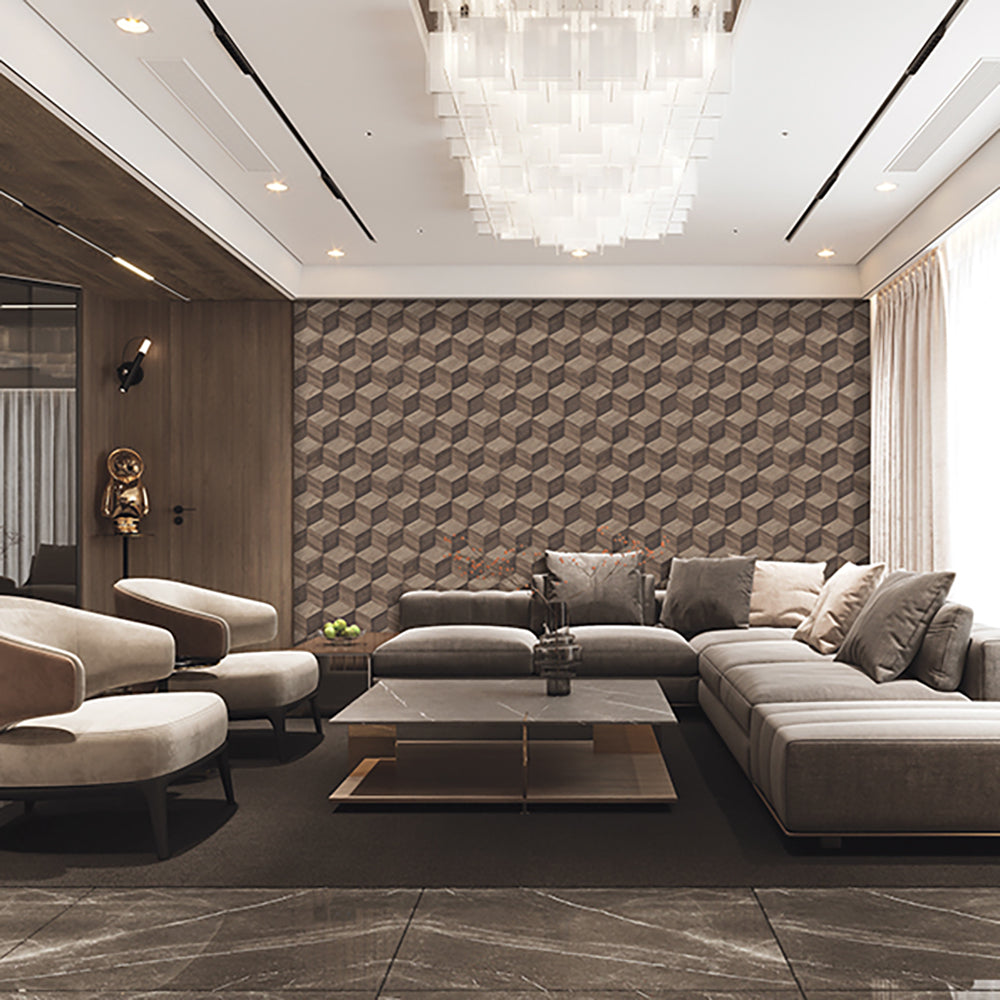 Woodgrain Grid Wallpaper - Brown room view
