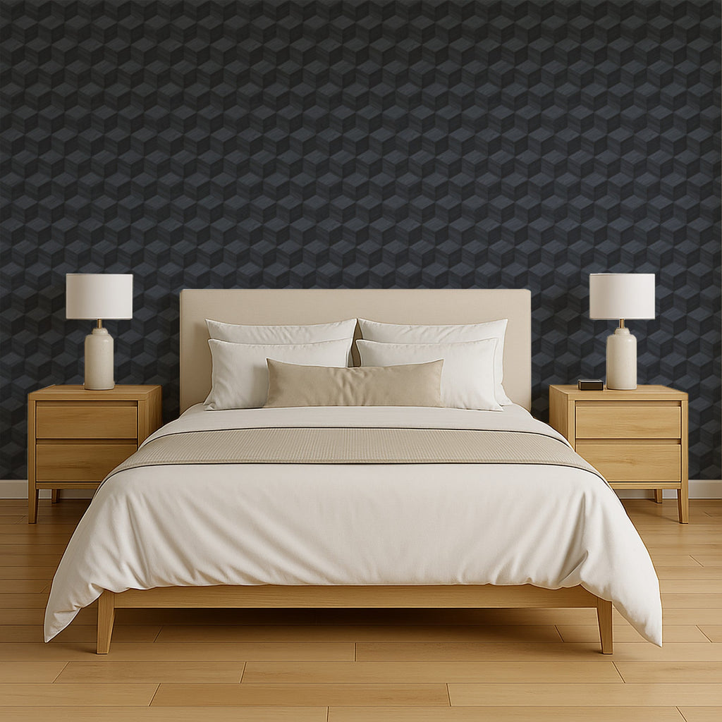 Woodgrain Grid Wallpaper - Blue room view