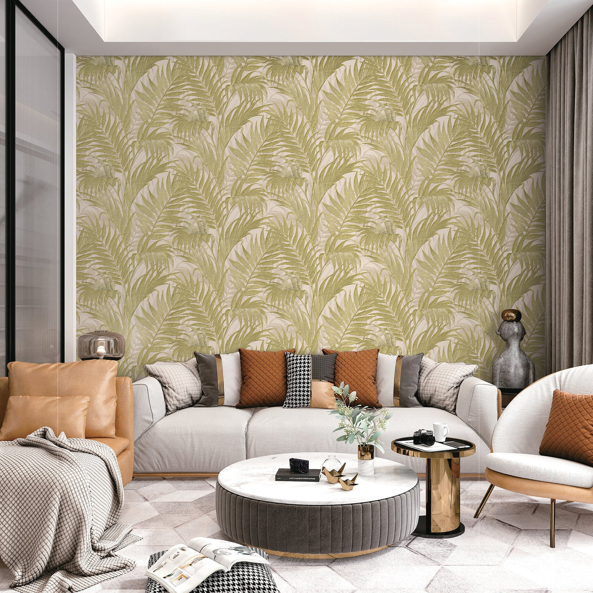 Embroidered Palm Wallpaper - Sage room view
