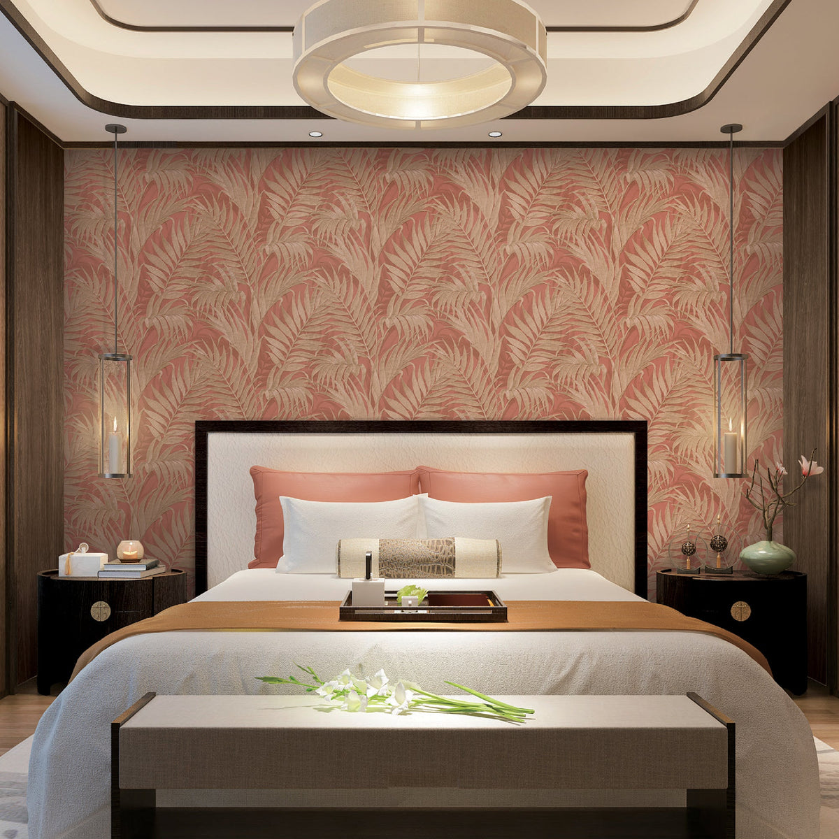 Embroidered Palm Wallpaper - Coral room view
