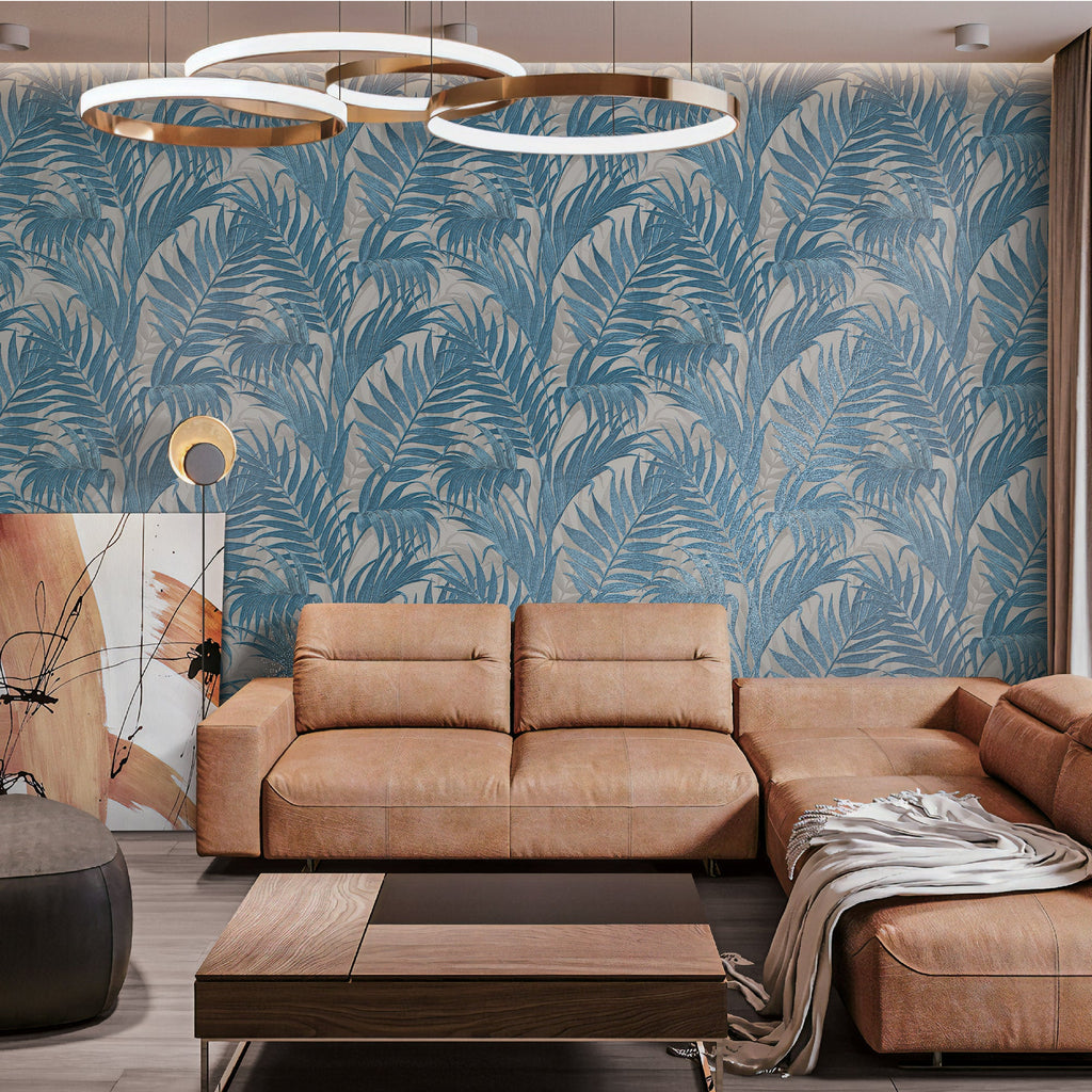 Embroidered Palm Wallpaper - Blue room view