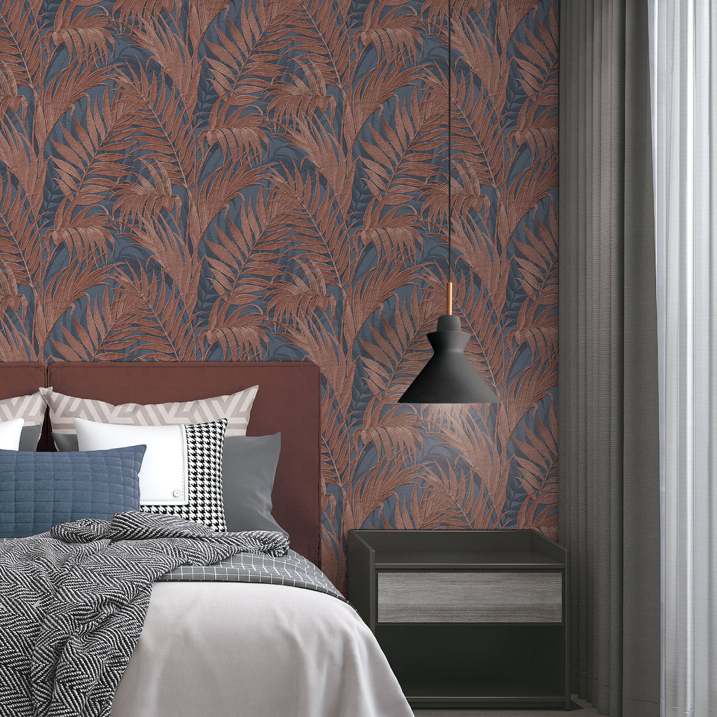 Embroidered Palm Wallpaper - Navy room view