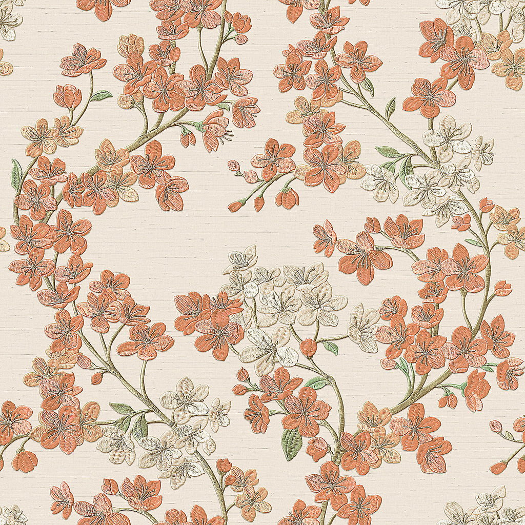 Embroidered Cherry Bloom Wallpaper - Orange pattern