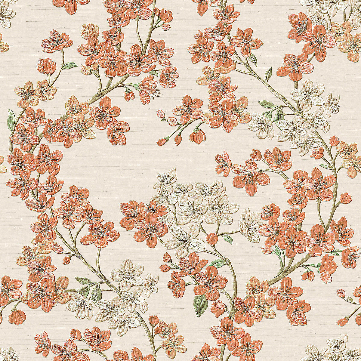 Embroidered Cherry Bloom Wallpaper - Orange pattern