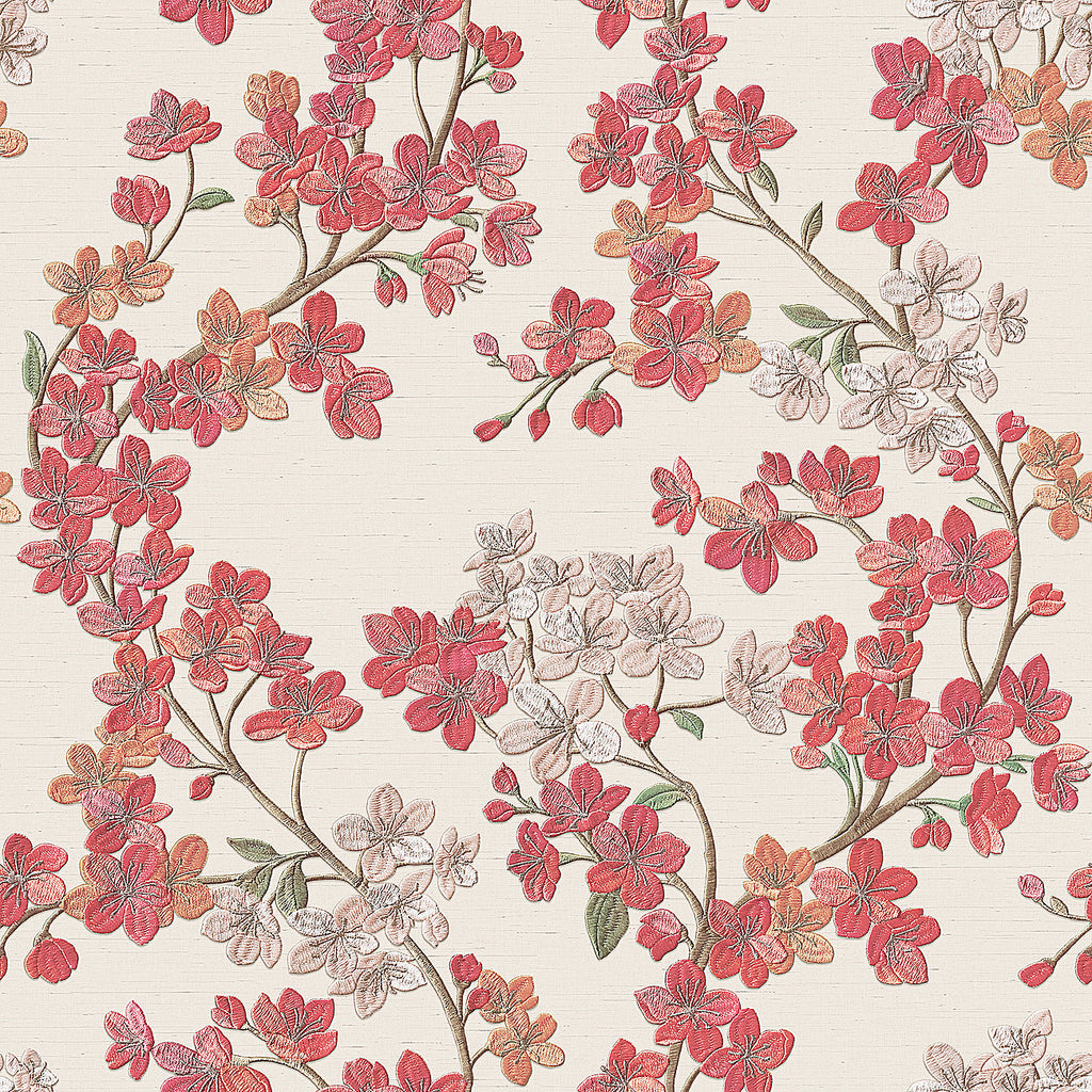 Embroidered Cherry Bloom Wallpaper - Pink pattern