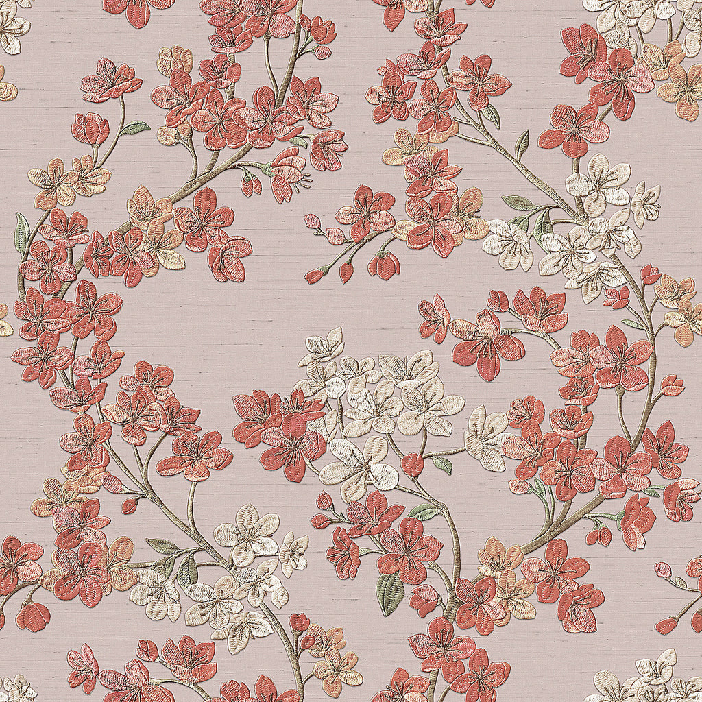 Embroidered Cherry Bloom Wallpaper - Red pattern