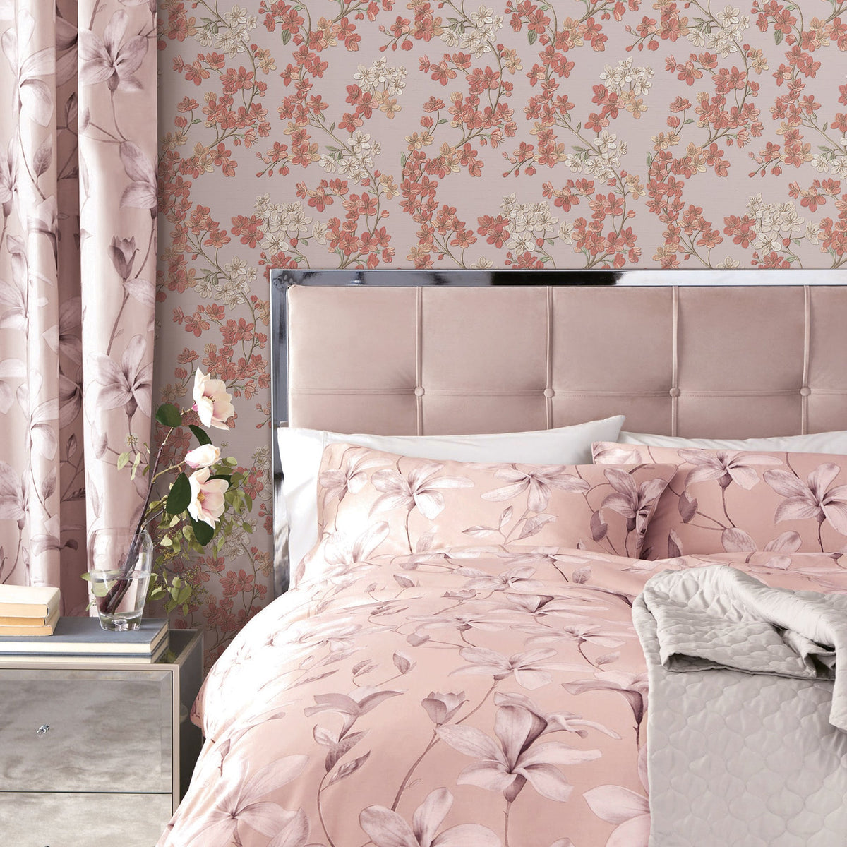 Embroidered Cherry Bloom Wallpaper - Red room view