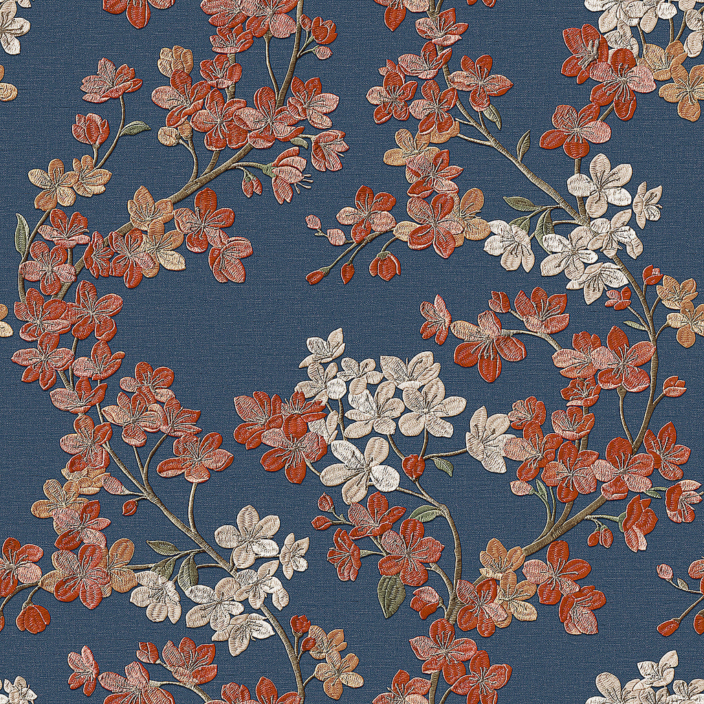 Embroidered Cherry Bloom Wallpaper - Navy pattern
