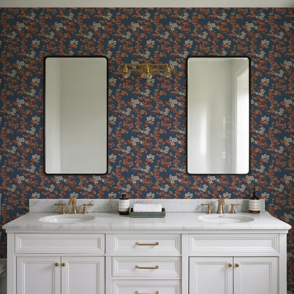 Embroidered Cherry Bloom Wallpaper - Navy room view