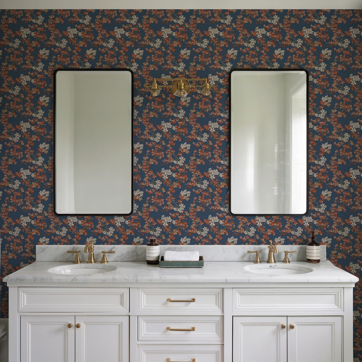Embroidered Cherry Bloom Wallpaper - Navy room view