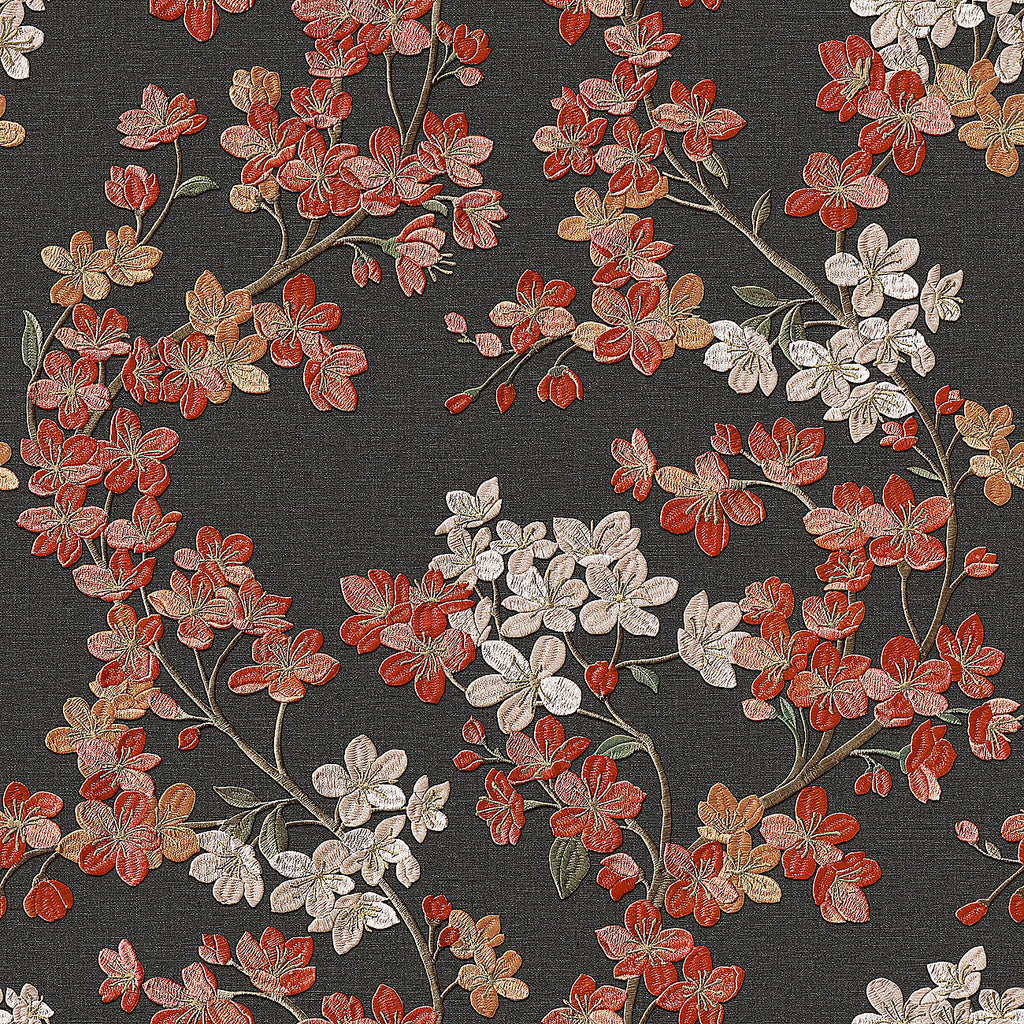 Embroidered Cherry Bloom Wallpaper - Black pattern