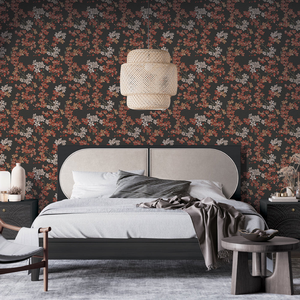 Embroidered Cherry Bloom Wallpaper - Black room view