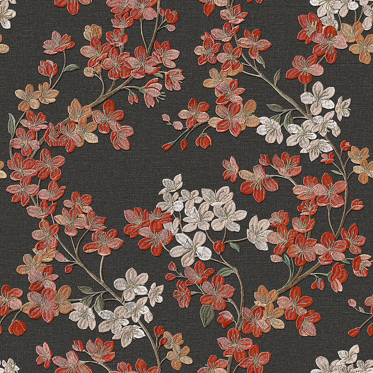 Embroidered Cherry Bloom Wallpaper - Black pattern